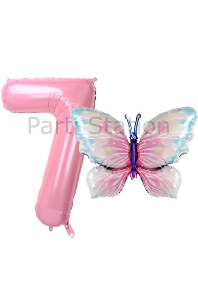 Parti Station Pembe Kelebek ve Pembe Rakam Balon 7 Yaş Balon Set Kelebek Kons...