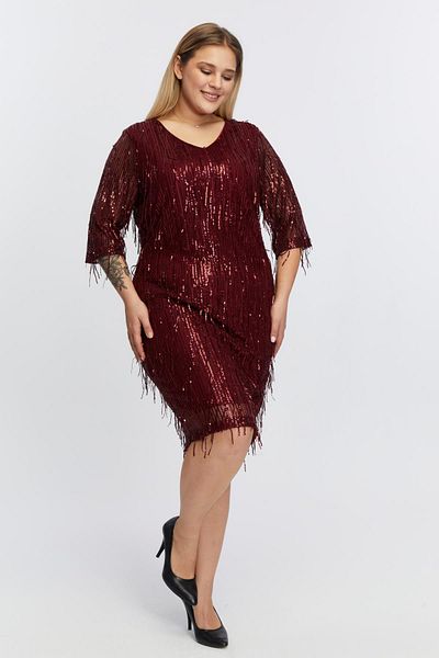 RMG V-Neck Sequin Sequin Fringed Plus Size Evening Dress Burgundy