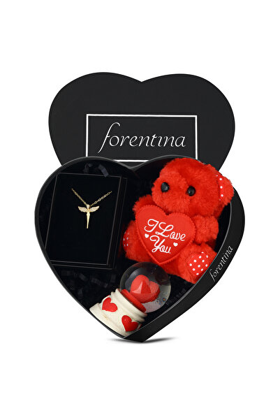 Forentina Gold Melek Kolye-Kırmızı Ayıcık-Kalpli Kar Küresi Hediye Set PS3894