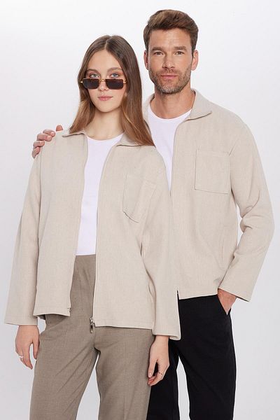 Tudors Unisex Relax Fit Χαλαρή εφαρμογή με τσέπη με φερμουάρ Χειμερινή πέτρα με όρθιο γιακά πουκάμισο σε στυλ μπουφάν