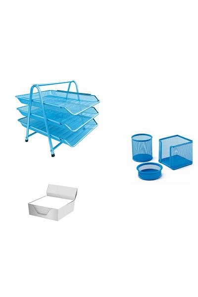 Mas Baby Blue Metal Table Set - 3-Piece Paper Shelves, 3-Piece Perforated Set and Cube Note Holder