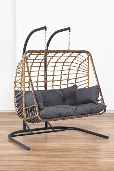 Canisa Lilyum Serisi Çift Kişilik Kahverengi Rattan Örgü Antrasit Minder Salıncak