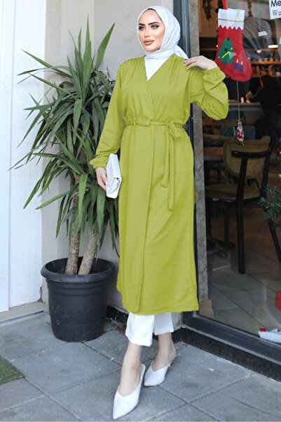 Bestenur Oil Green Tunnel Belted Kimono 720