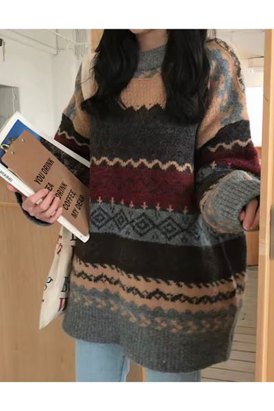 Köstebek Retro Vintage Christmas Patterned Sweater