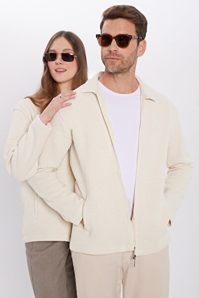 Tudors Unisex Relax Fit Rahat Kesim Örme Fermuarlı Çift Cepli Ekru Kışlık Gömlek