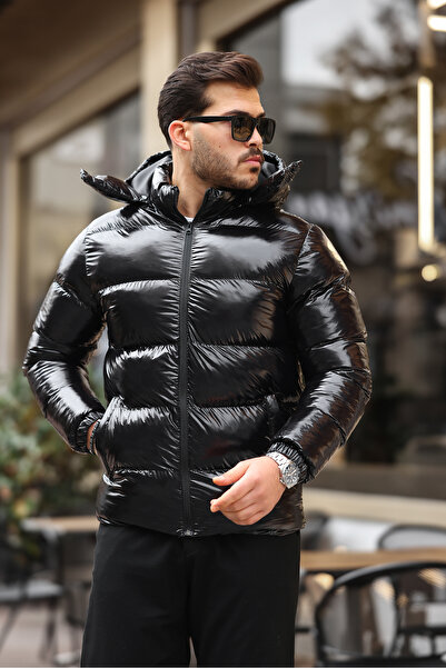 Abalı Erkek parlak şişme mont su ve rüzgar geçirmez