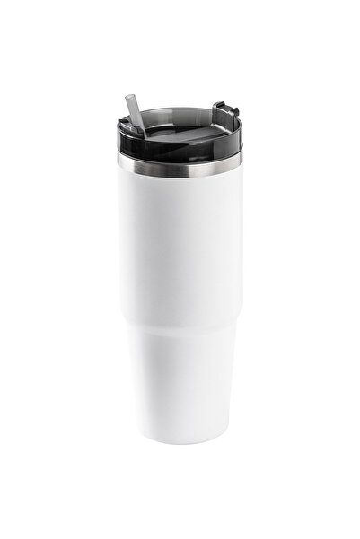 Tantitoni White Stainless Steel Thermos Cup with Straw 890ml
