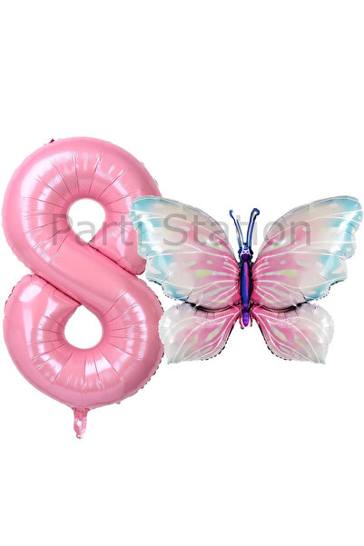 Parti Station Pembe Kelebek ve Pembe Rakam Balon 8 Yaş Balon Set Kelebek Kons...