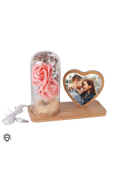 Nobbystar Led Işıklı Ahşap Kalpi Güllü Cam Fanus Çerçeve