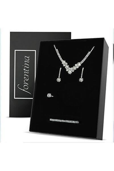 Forentina Gümüş Kaplama Taşlı Kolye Küpe Bileklik Yüzük Düğün Seti PS3882