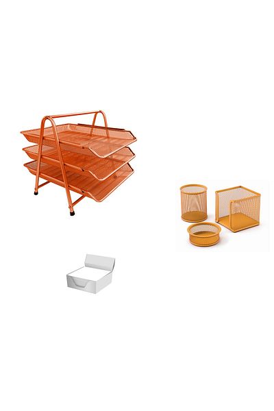Mas Orange Metal Table Set - 3-Piece Paper Shelf, 3-Piece Perforated Set and Cube Note Holder