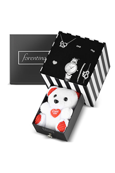 Forentina Foretina Gümüş Kaplama Çift Kalp Takı-ayıcık Çizgili Kutuda Hediye ...