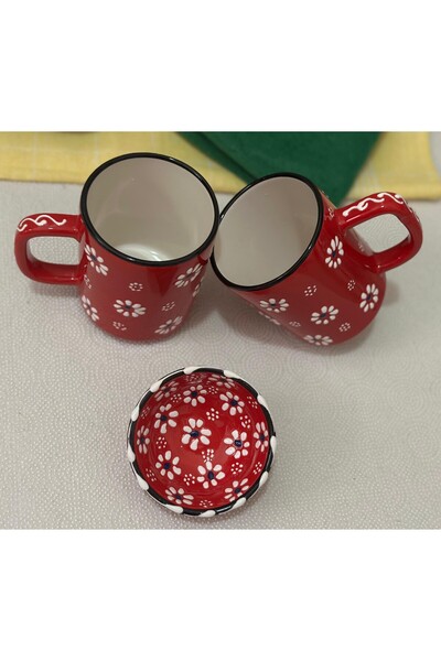 Den Tasarım Hediyelik Mother's Day Special Red Daisy Embroidered Set of 2 Tea Coffee Mug and 1 Red Turkish Delight Bowl