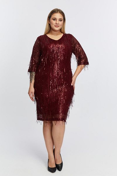 RMG V-Neck Sequin Sequin Fringed Plus Size Evening Dress Burgundy