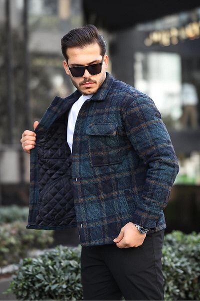 Miron Πράσινο Navy Blue καρό καπιτονέ Λεπτομερές μπουφάν κανονικής εφαρμογής-2453