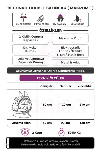 Canisa Begonvil Serisi Çift Kişilik Gri Rattan Örgü Krem Minder Salıncak