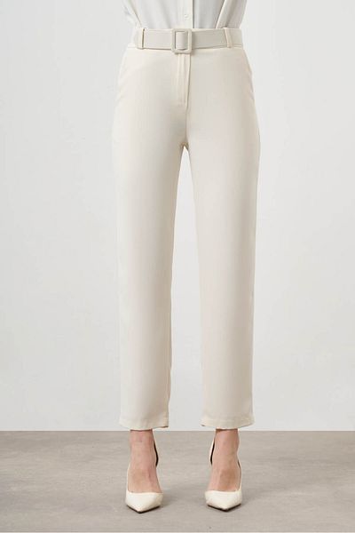 Mizalle Ready-Made Belted Ecru Trousers