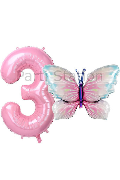 Parti Station Pembe Kelebek ve Pembe Rakam Balon 3 Yaş Balon Set Kelebek Kons...