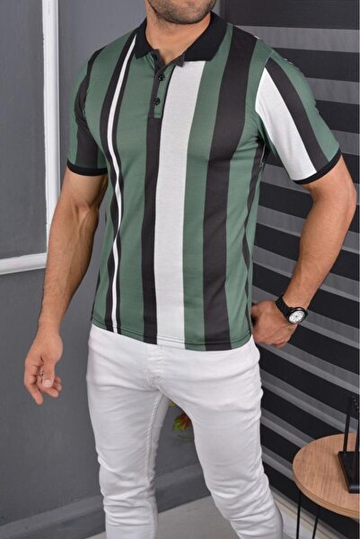 MCZ GİYİM Tricou pentru bărbați, alb - verde, cu gât polo, slim fit