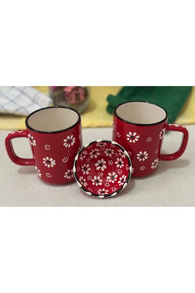 Den Tasarım Hediyelik Mother's Day Special Red Daisy Embroidered Set of 2 Tea Coffee Mug and 1 Red Turkish Delight Bowl