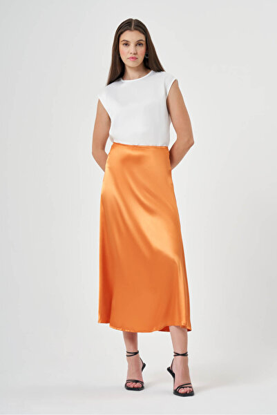 Mizalle Kloş Saten Turuncu Etek