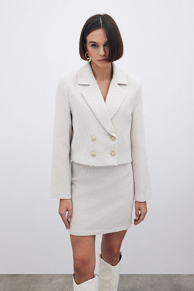 Sateen Glitter Short Tweed Jacket - Stone