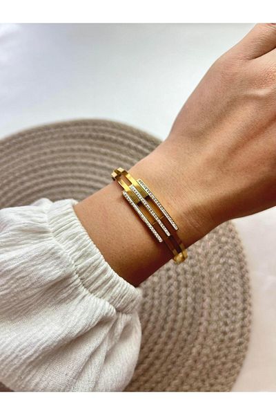 Uzay Accessories Zircon Stone Rib Model Handcuff Bracelet - 316L Stainless Steel