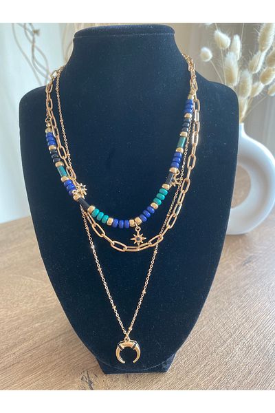 Store Vintage Boho Beads Horn Star Three Layer Gold Color Necklace