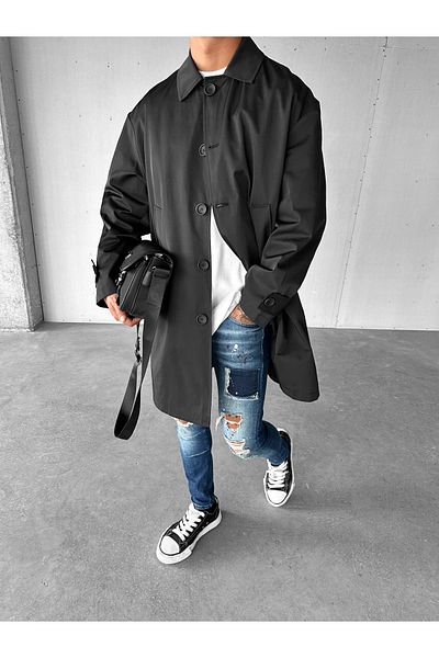 ablukaonline Black Men's Oversize Long Waterproof and Windproof Overcoat Trench Coat
