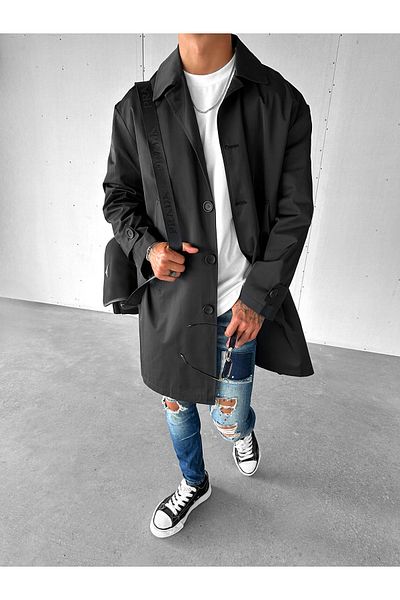 ablukaonline Black Men's Oversize Long Waterproof and Windproof Overcoat Trench Coat