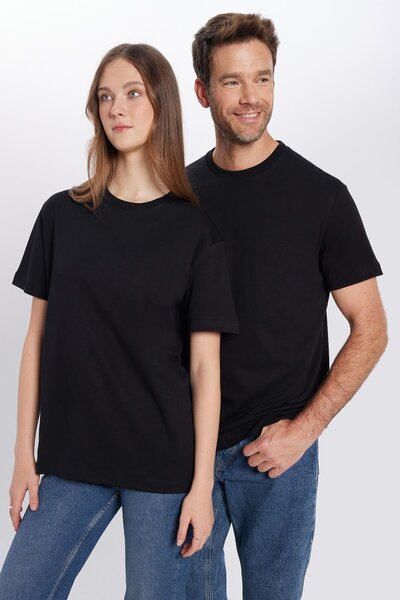 Tudors Unisex Relax Fit Άνετη κοπή 100% βαμβακερή μαλακή υφή Basic Crew Neck Μαύρο T-shirt