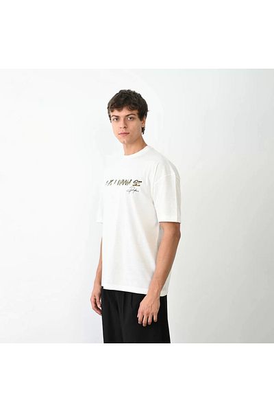 YALÇIN Unisex Crew Neck Printed Oversize T-Shirt - White