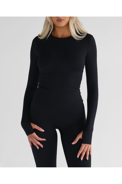 LADY HAZAL Siyah Darkalıp Slimfit Soft Touch Bisiklet Yaka Body Interlok Kumaş Finger Detail Body