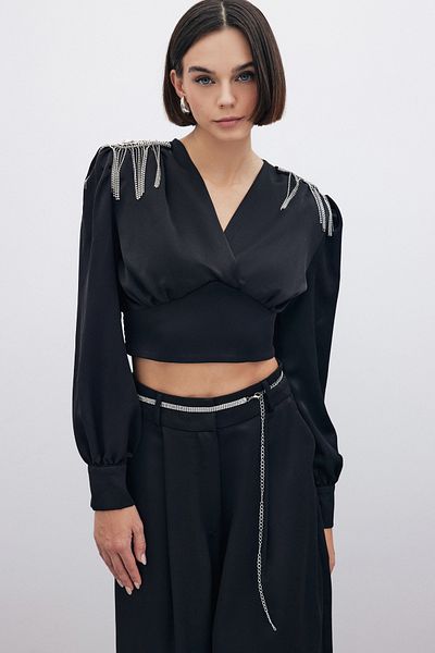 Sateen Bluză scurtă cu accesorii pentru umeri - NEGRU
