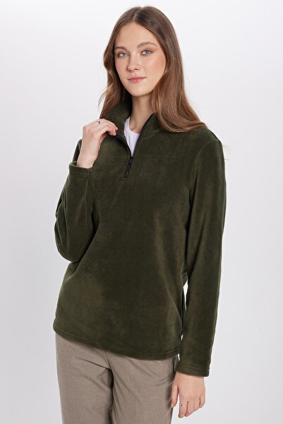 Tudors Erkek Standart Fit Rahat Kesim Tüylenme Yapmayan Soğuk Geçirmez Koyu Haki Dik Yaka Polar Sweatshirt