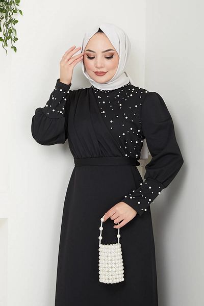 ELEGANTSTİL Φόρεμα Hijab με φαρδιά φόρμα από ύφασμα βισκόζης ασπρόμαυρο έθνικ σχέδιο