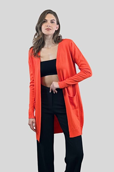 Miss Poem Women's Hijab Double Pocket Long Basic Orange Knitwear Cardigan