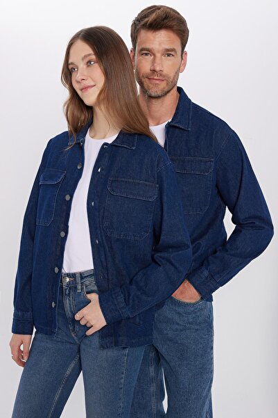Tudors Unisex Relax Fit Rahat Kesim Denim Kot Kapaklı Çift Cepli Lacivert Overshirt Ceket Tarzı Gömlek