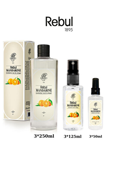 Rebul Mandarine (Mandalina) Edc Kolonya 250ml Cam Şişeli, 125ml - 50ml Pet Sprey Şişeli 3'lü Set (9 ürün)