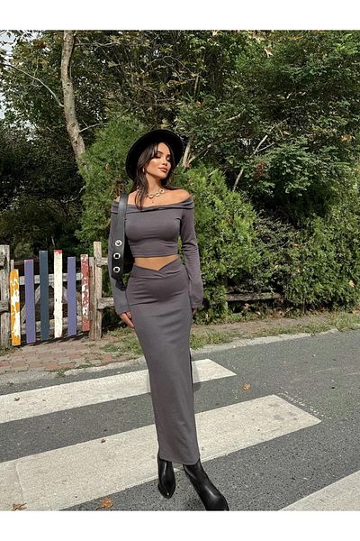 HARMONY GLOBAL Women's Smoked Blouse and Skirt Set - Madonna Collar, Long Sleeve, Asymmetrical Waist Slit, 7152