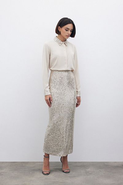 Sateen Fusta Midi Culoare BEJ - Paiete Paiete