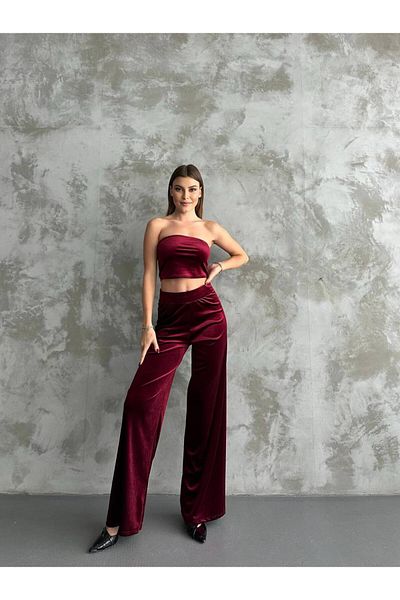 Butik Beyza Velvet Fabric Wide Leg Trousers