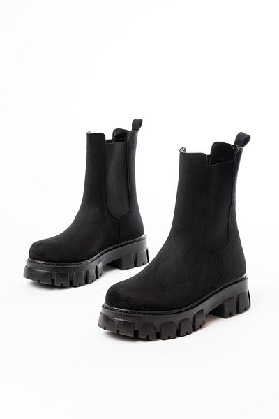 İNFON İNFON FZ-299 Cizme de damă casual din piele intoarsa neagra cu talpa inalta elastica
