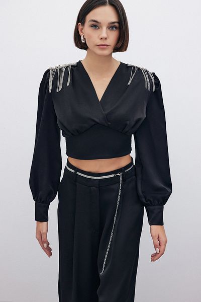 Sateen Bluză scurtă cu accesorii pentru umeri - NEGRU