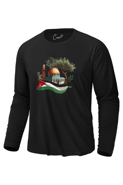 Çapıt Pamuk lu Palestine Jerusalim Štampano Crna majica dugih rukava