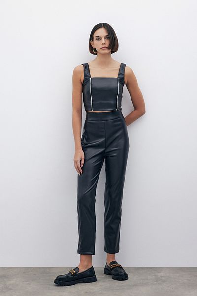 Sateen High Waist Leather Pants - Black