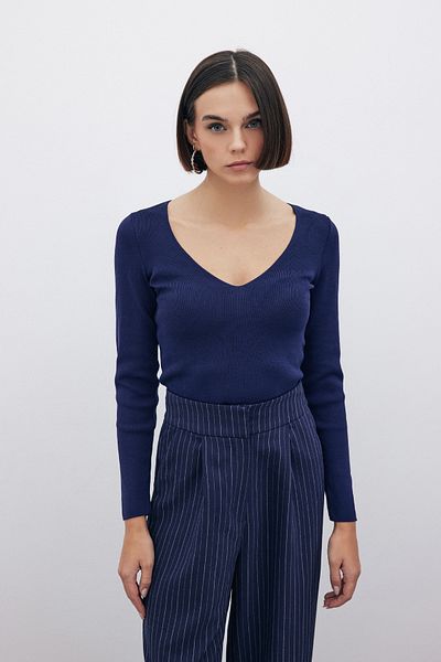 Sateen Tricotaj Crop cu decolteu în V - ALBASTRU ÎNCHIS