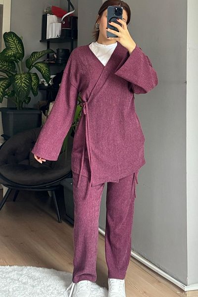 Qenz Double Breasted Cut Wrapped Double Set - Plum