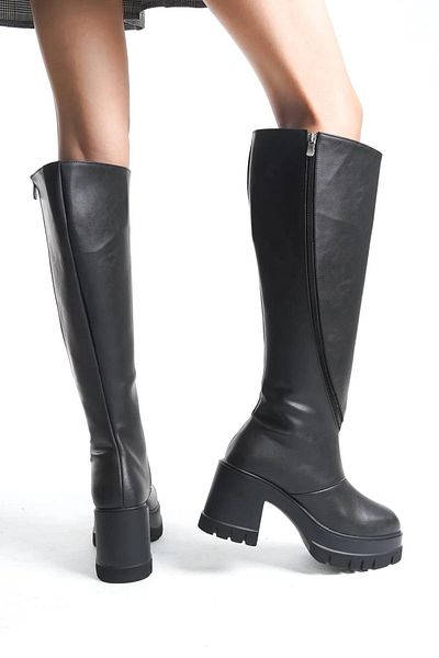 Preshley Γυναικείες μπότες Carina Black Skin με περιστρεφόμενο φερμουάρ 8 εκ. Πλατφόρμα με τακούνι κάτω από το γόνατο