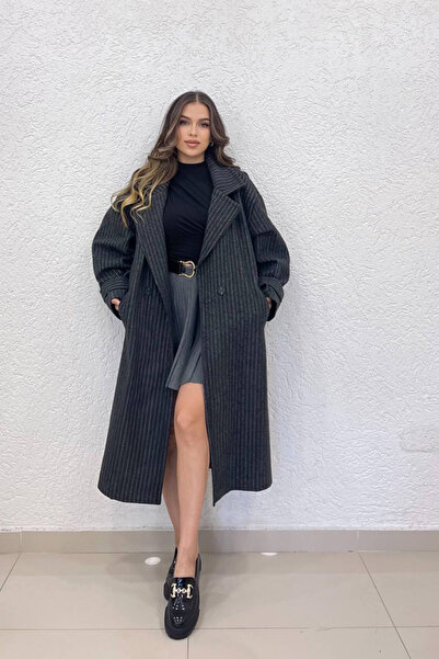 Neşeli Butik Palton de damă oversize cu dungi negre - NBSHNZ08